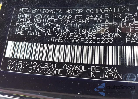 2015 Lexus Es 350 z USA, uszkodzony, nr VIN JTHBK1GG6F2205233